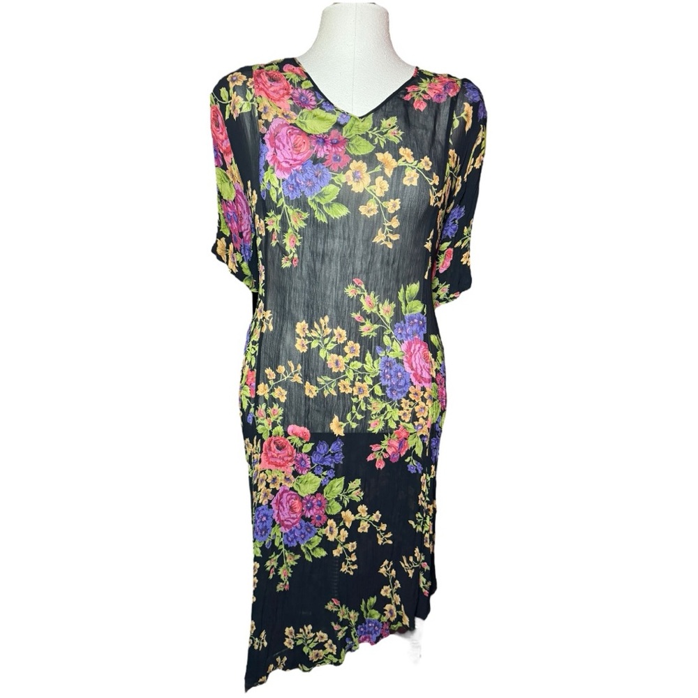 Vintage Black Asymmetrical Floral Dress with Pink & Purple Blooms